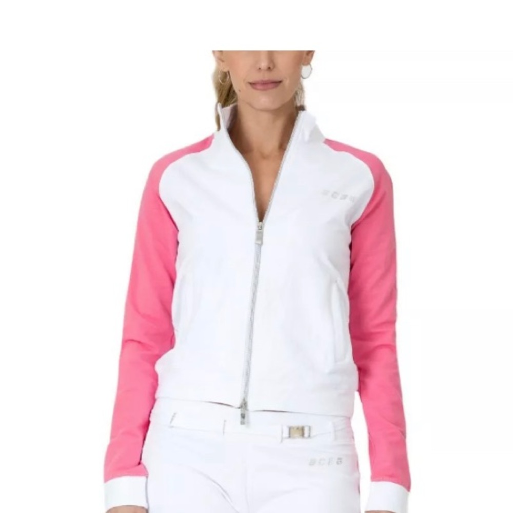 BCBG MAXAZRIA size XL Branded Logo Jacket & Pant Set White/Pink, new
